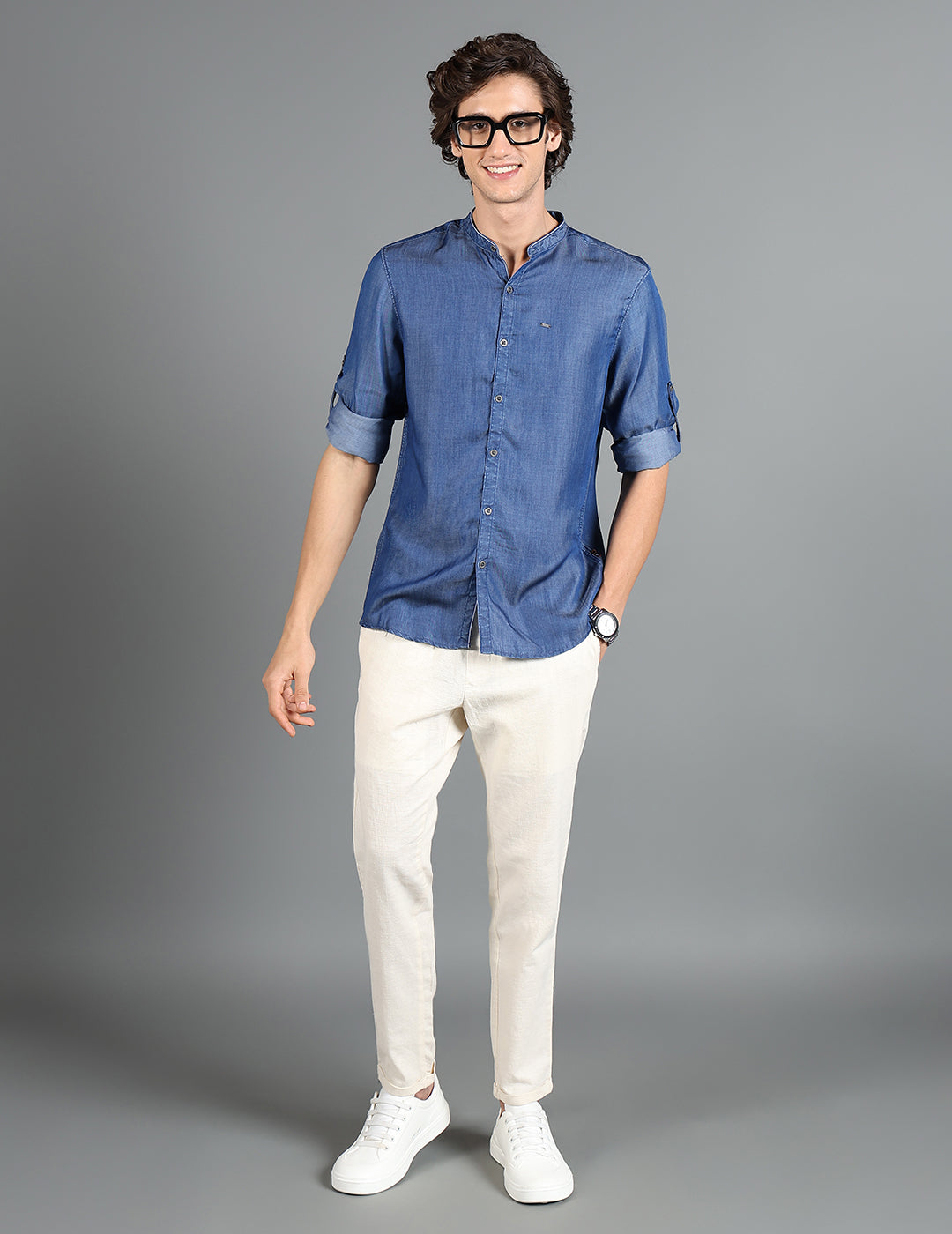 IDENTITI Men Slim Fit Mandarin Collar Solid Shirt In Blue.