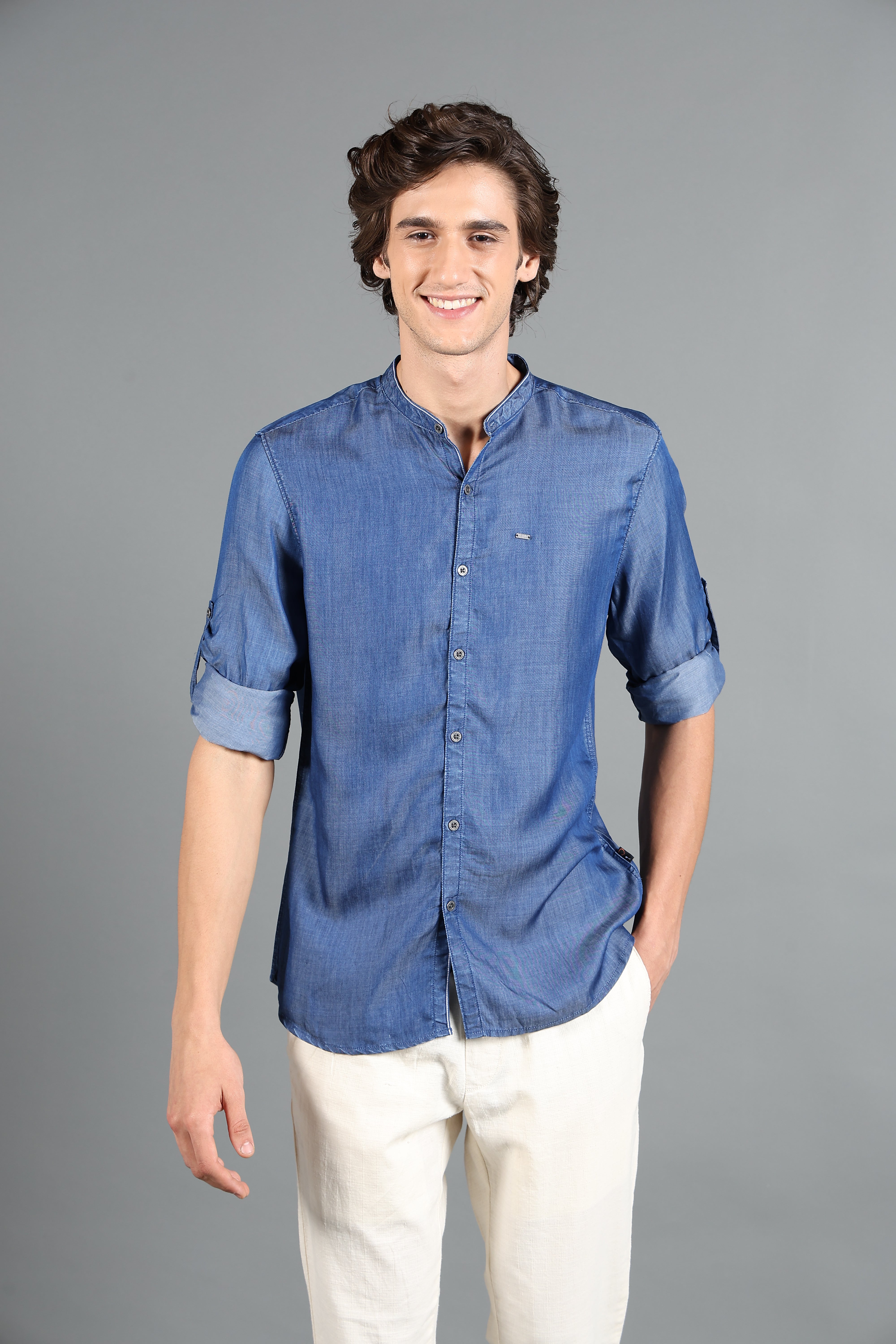 IDENTITI Men Slim Fit Mandarin Collar Solid T-Shirt In Blue.