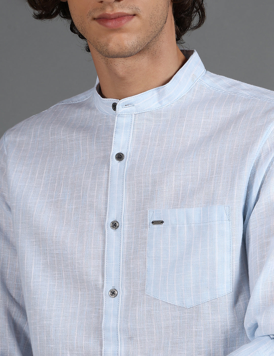 IDENTITI Men Slim Fit Mandarin Collar Striped Shirt In Blue.