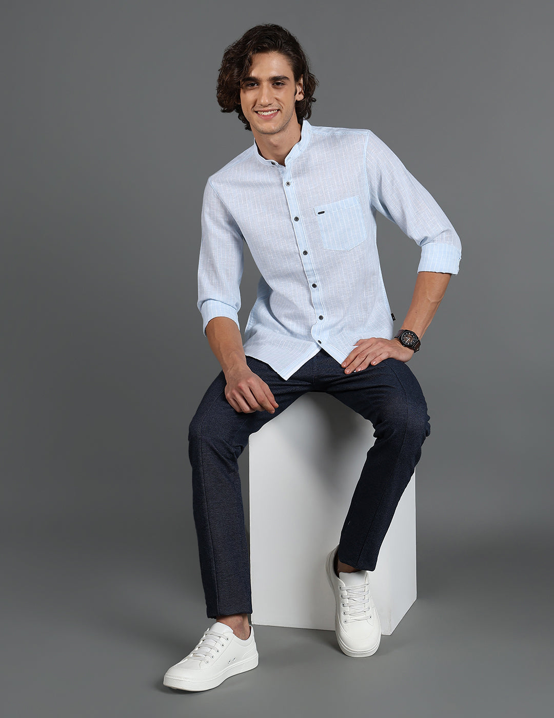IDENTITI Men Slim Fit Mandarin Collar Striped Shirt In Blue.