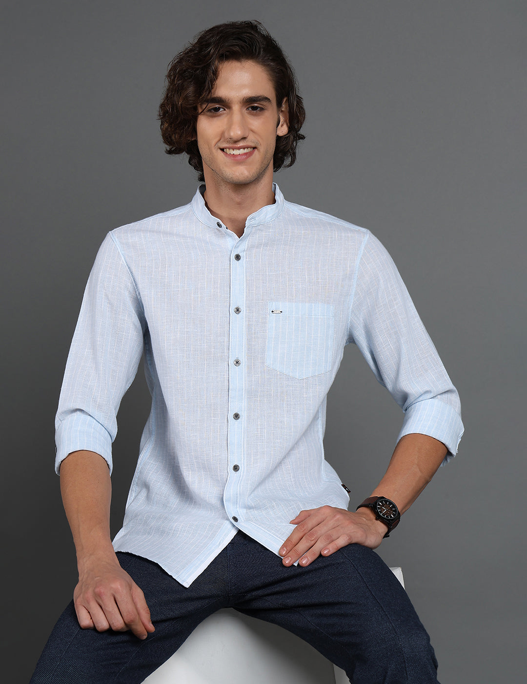 IDENTITI Men Slim Fit Mandarin Collar Striped Shirt In Blue.