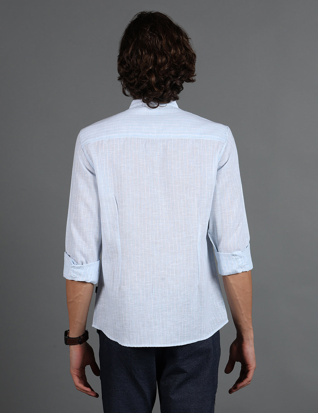 IDENTITI Men Slim Fit Mandarin Collar Striped Shirt In Blue.