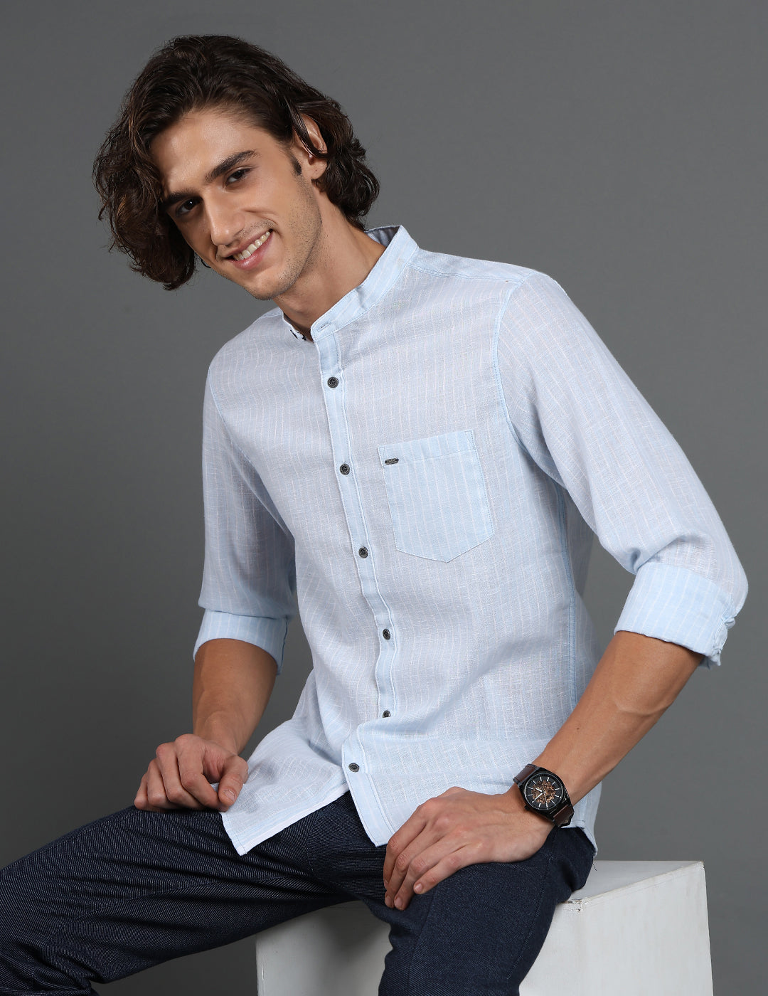 IDENTITI Men Slim Fit Mandarin Collar Striped Shirt In Blue.