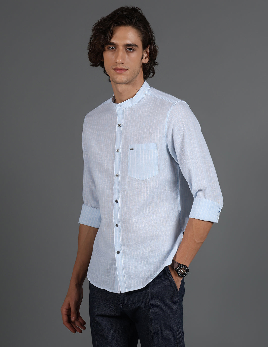 IDENTITI Men Slim Fit Mandarin Collar Striped Shirt In Blue.