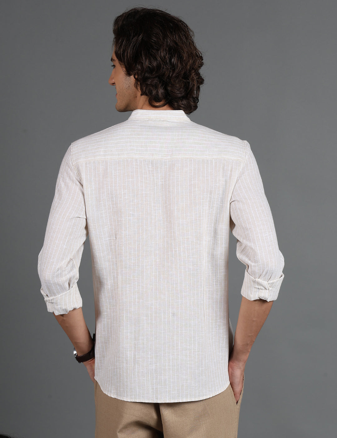 IDENTITI Men Slim Fit Mandarin Collar Striped Shirt In Beige.