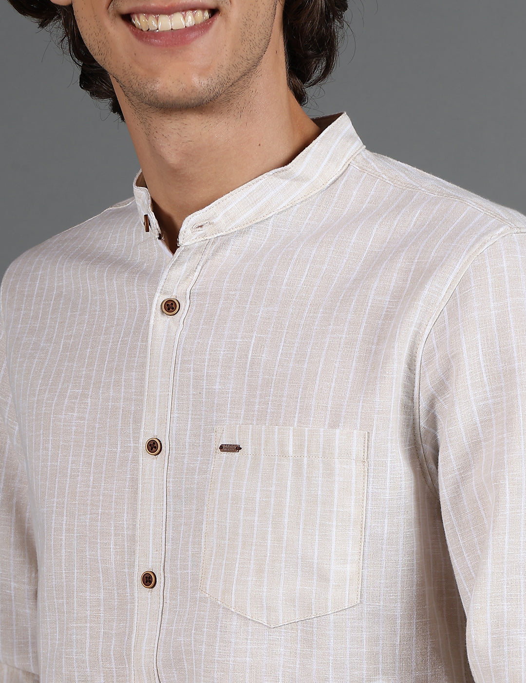 IDENTITI Men Slim Fit Mandarin Collar Striped Shirt In Beige.
