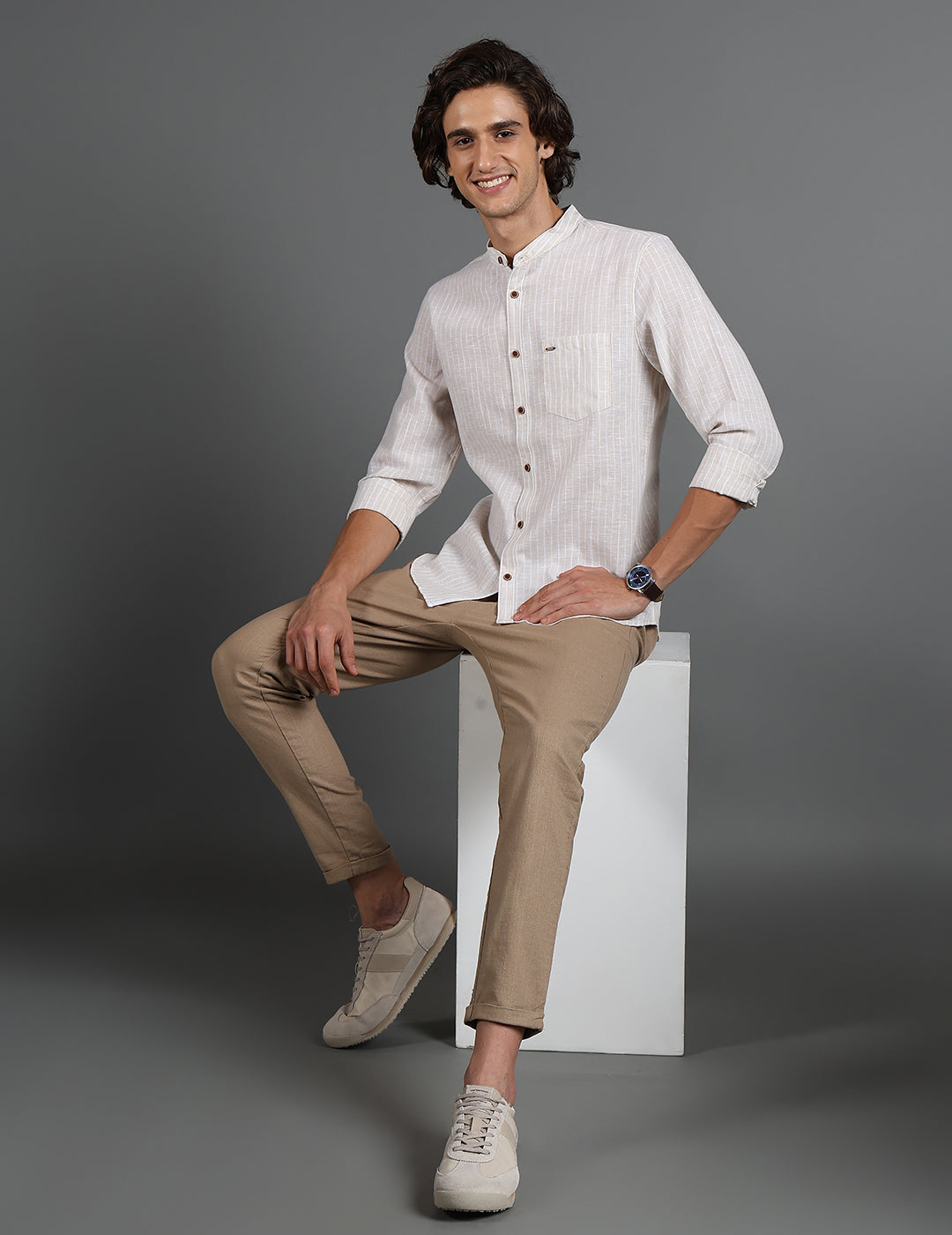 IDENTITI Men Slim Fit Mandarin Collar Striped Shirt In Beige.