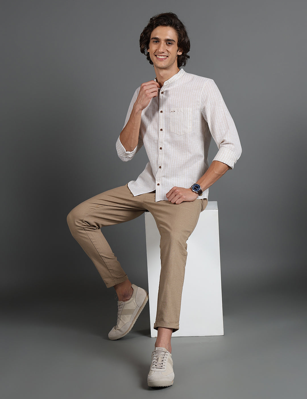 IDENTITI Men Slim Fit Mandarin Collar Striped Shirt In Beige.