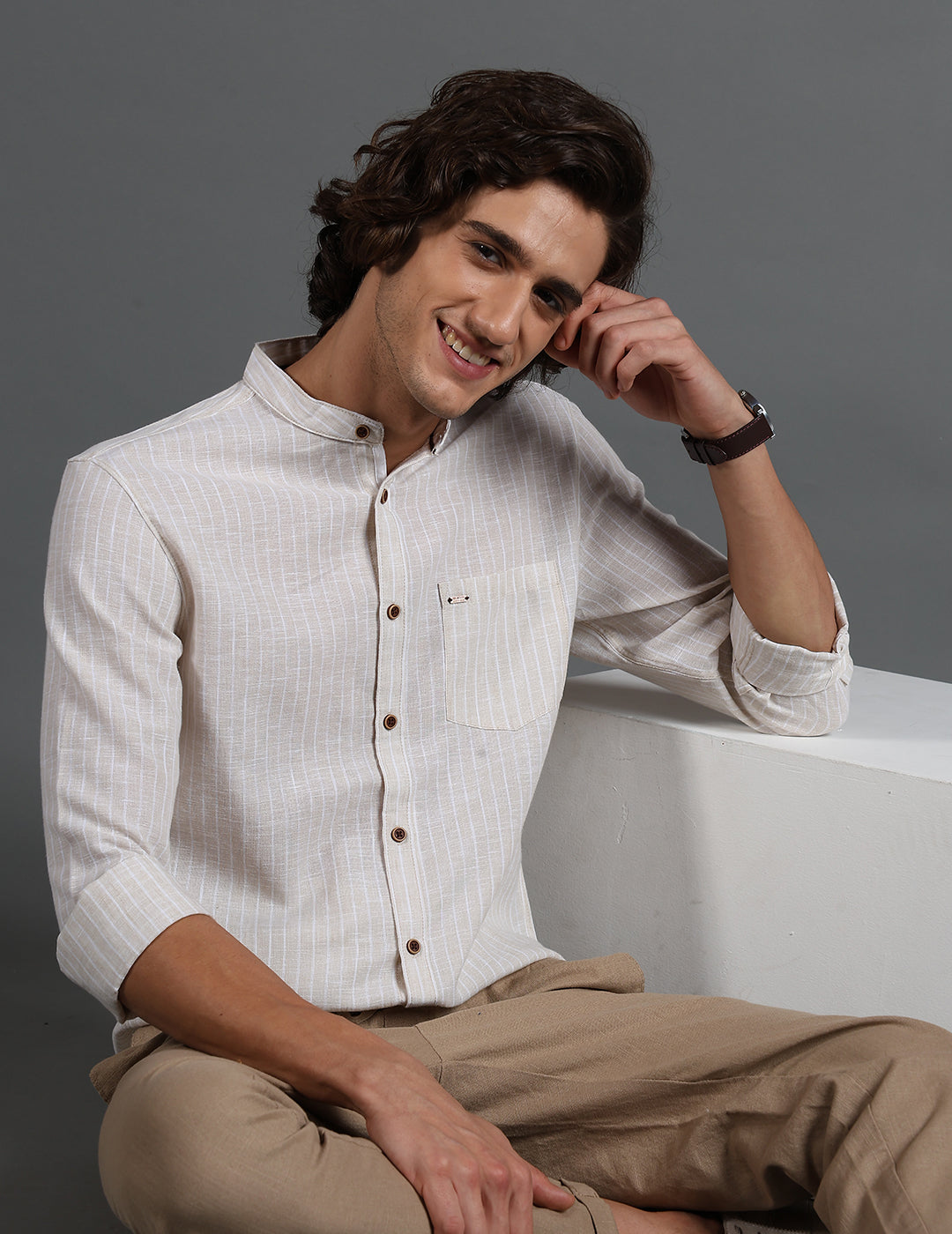 IDENTITI Men Slim Fit Mandarin Collar Striped Shirt In Beige.