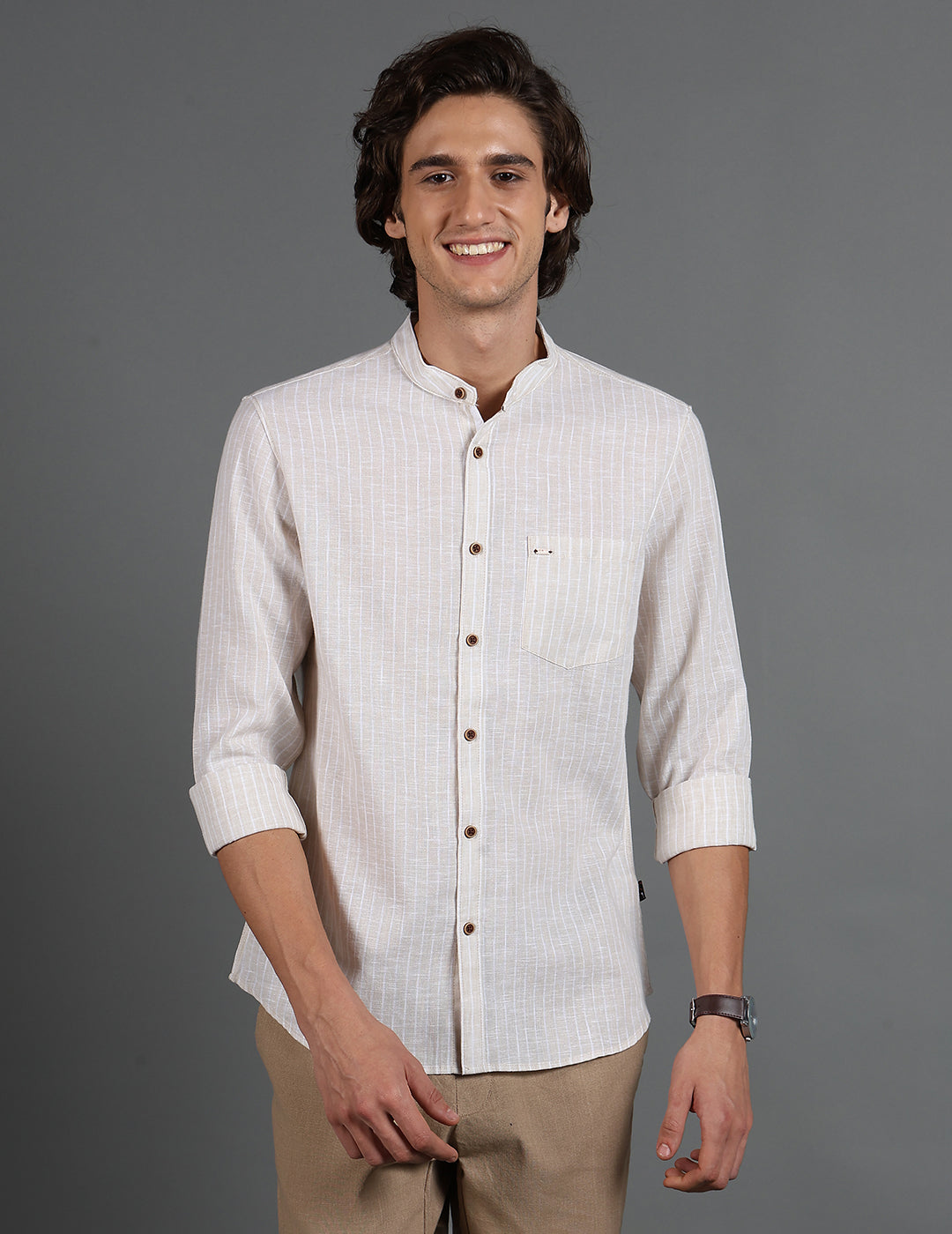 IDENTITI Men Slim Fit Mandarin Collar Striped Shirt In Beige.