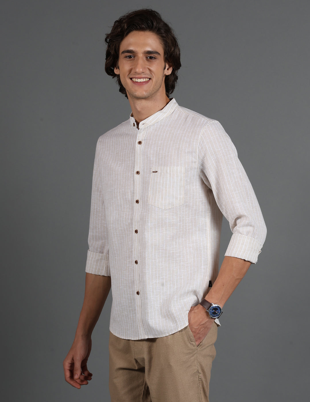 IDENTITI Men Slim Fit Mandarin Collar Striped Shirt In Beige.
