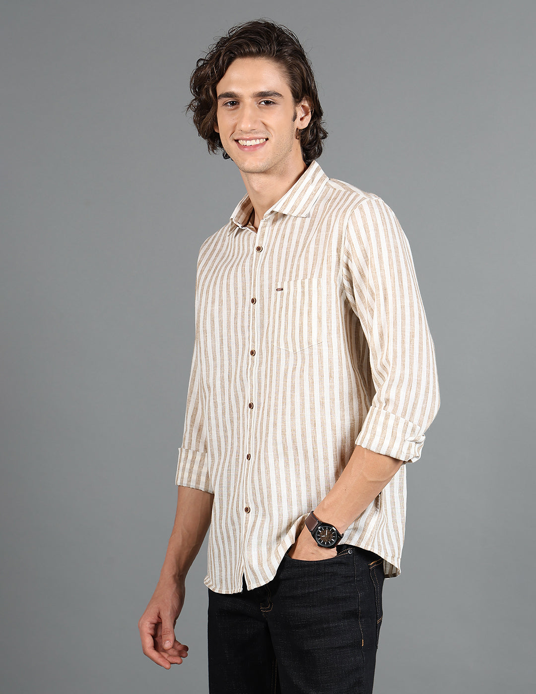 IDENTITI Men Slim Fit Regular Collar Striped Shirt In Beige.