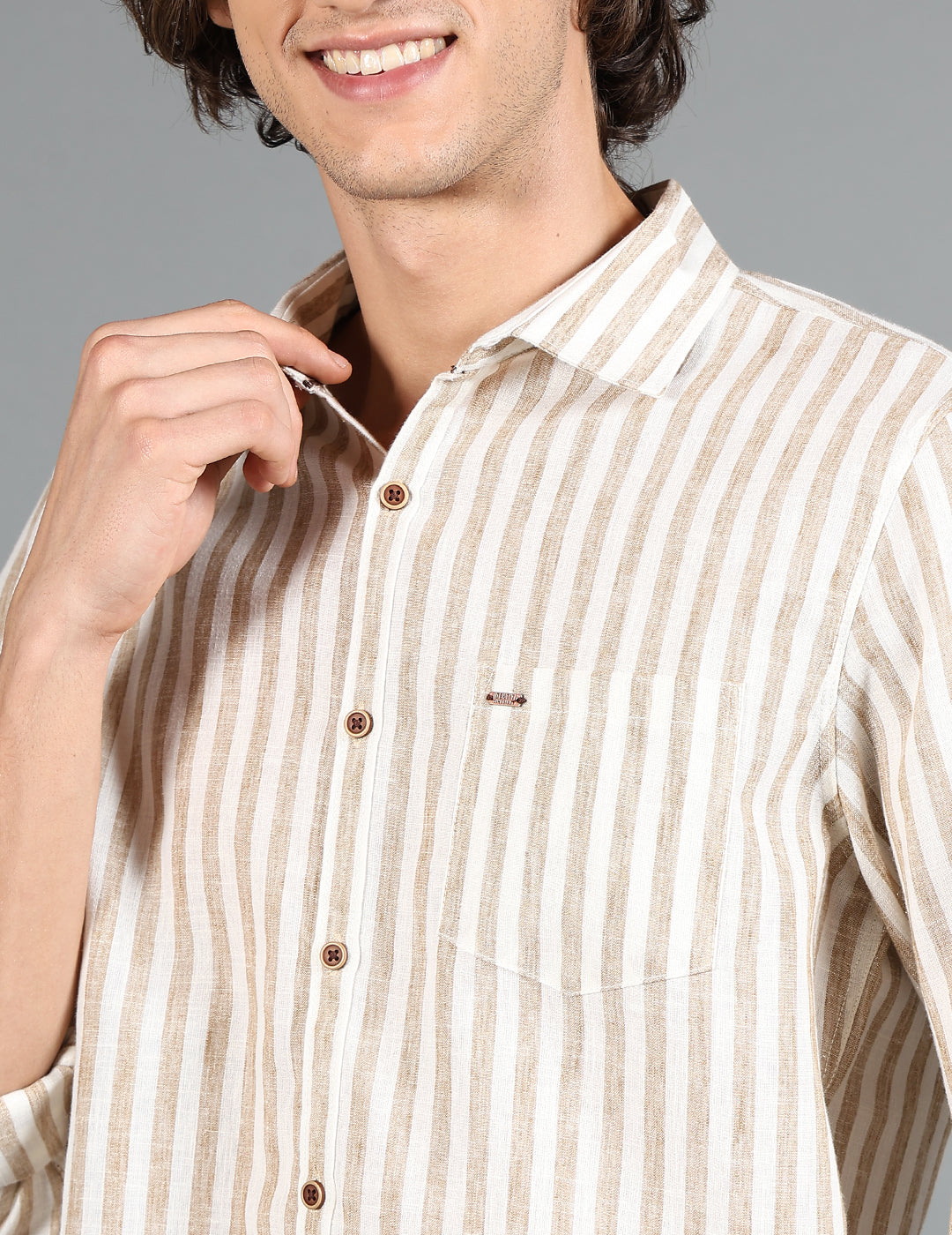 IDENTITI Men Slim Fit Regular Collar Striped Shirt In Beige.