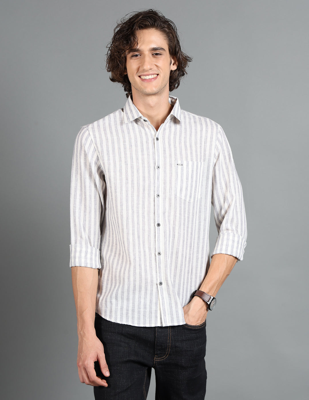 IDENTITI Men Slim Fit Regular Collar Striped Shirt In Grey.