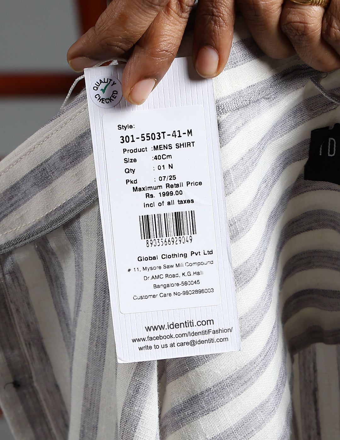 IDENTITI Men Slim Fit Regular Collar Striped Shirt In Grey.