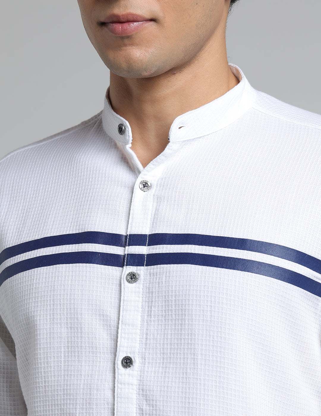 IDENTITI Men Slim Fit Mandarin Collar Printed Shirt In White.