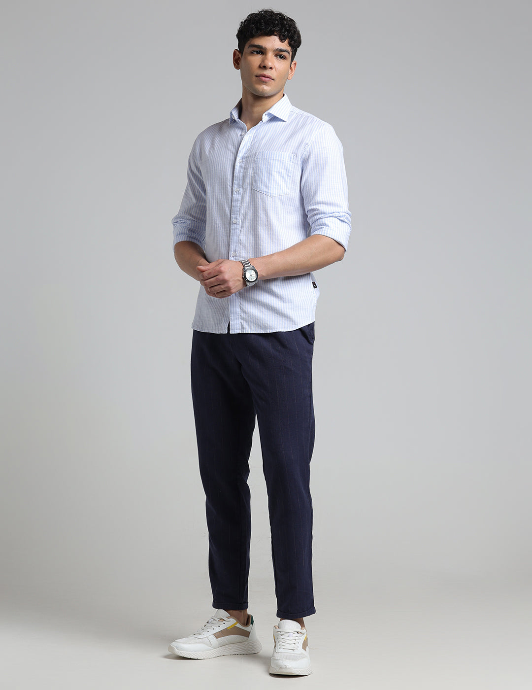 IDENTITI Men Slim Fit Cutaway Collar Striped Shirt In Blue.