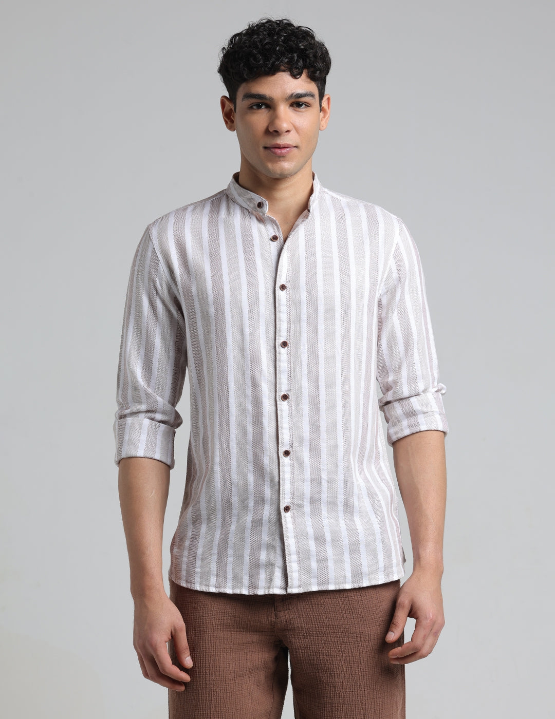 IDENTITI Men Slim Fit Mandarin Collar Striped Shirt In Brown.