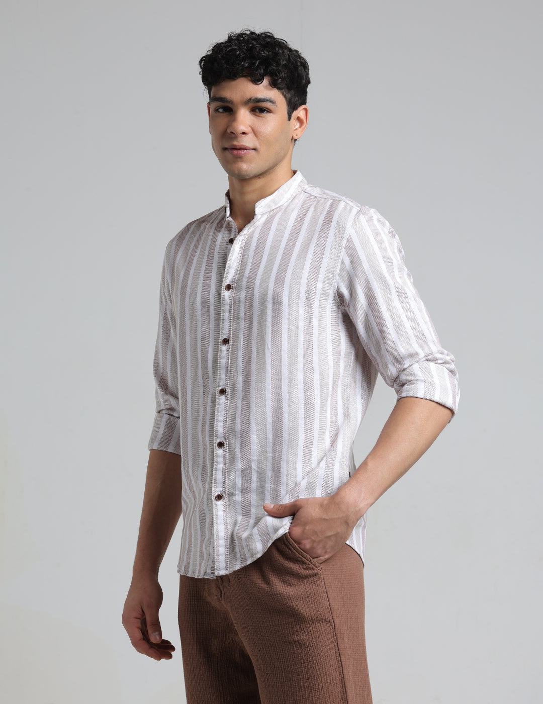 IDENTITI Men Slim Fit Mandarin Collar Striped Shirt In Brown.