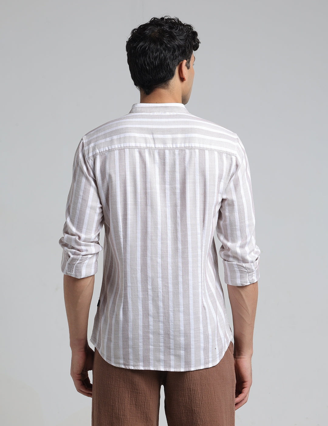 IDENTITI Men Slim Fit Mandarin Collar Striped Shirt In Brown.