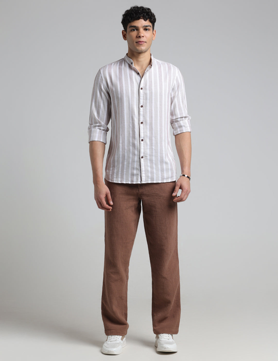 IDENTITI Men Slim Fit Mandarin Collar Striped Shirt In Brown.