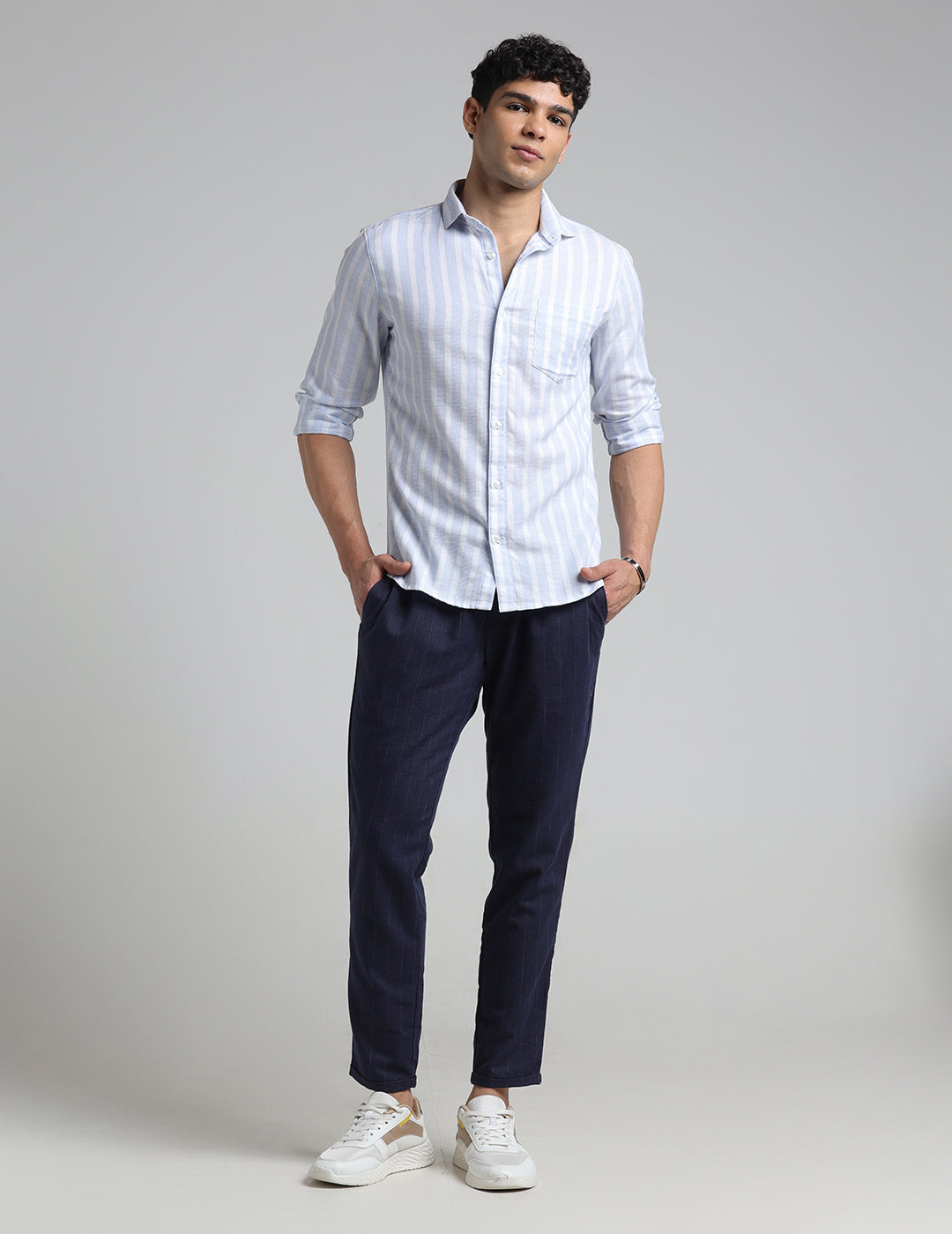IDENTITI Men Slim Fit Cutaway Collar Stripe Shirt In Blue.