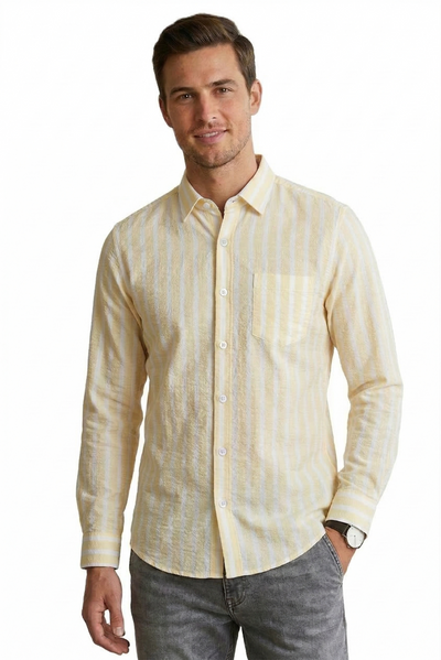 IDENTITI Men Slim Fit Spread Collar Striped Shirt In Yellow.