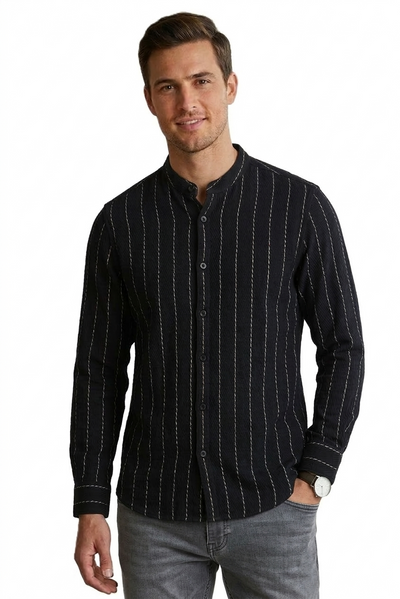 IDENTITI Men Slim Fit Mandarin Collar Striped Shirt In Black.
