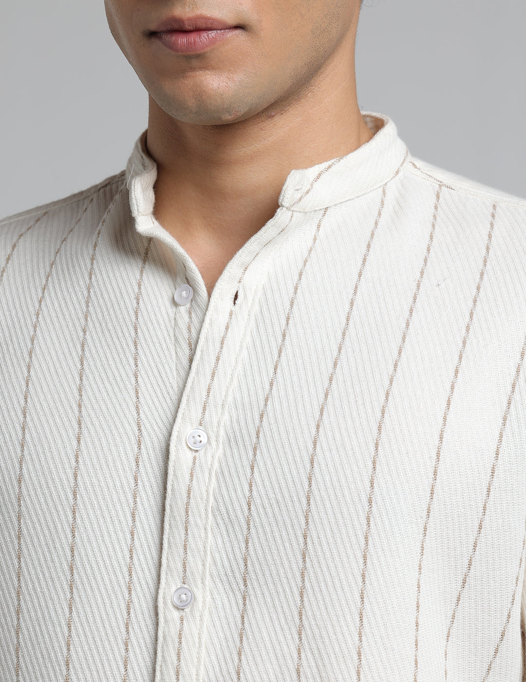 IDENTITI Men Slim Fit Mandarin Collar Striped Shirt In Offwhite.