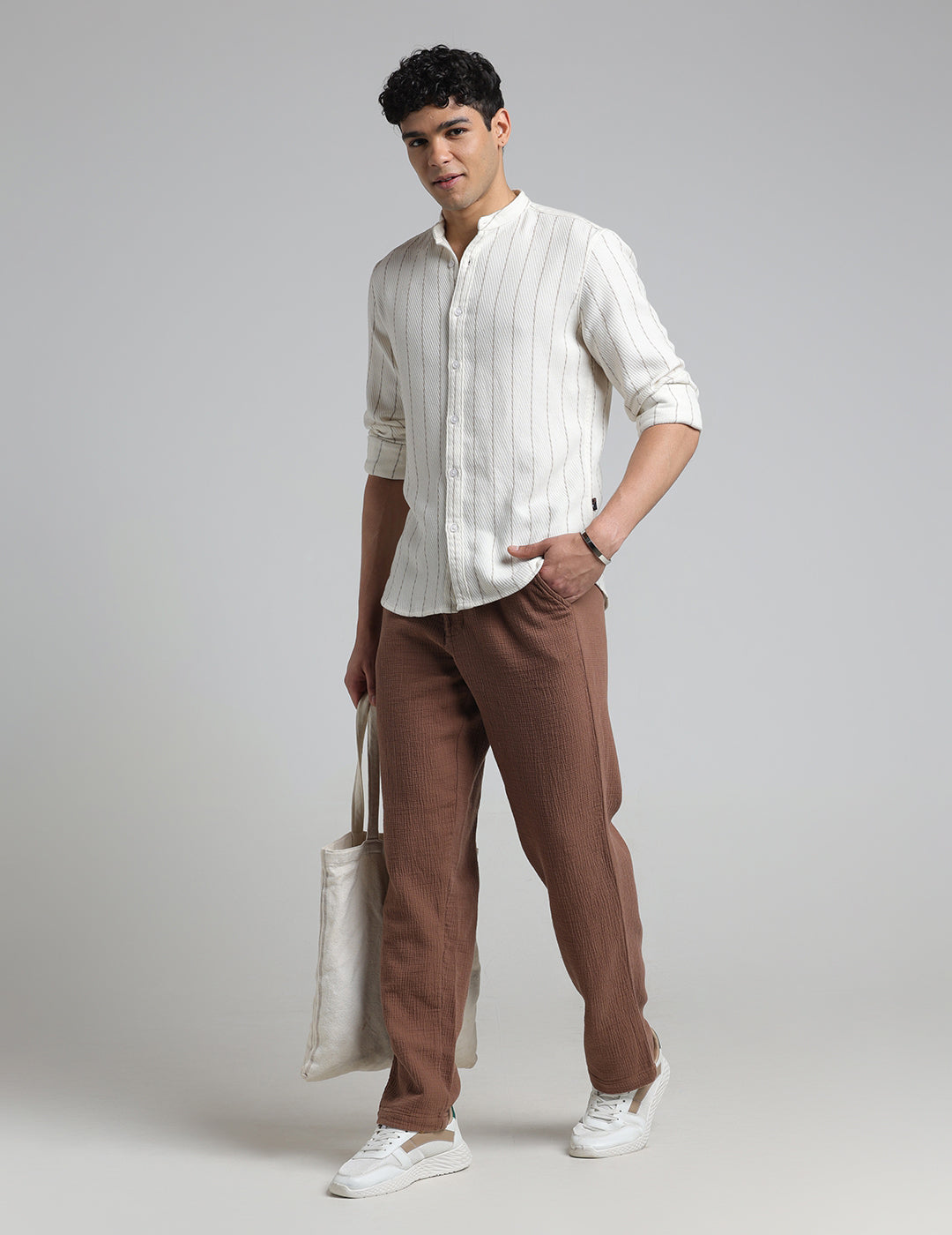 IDENTITI Men Slim Fit Mandarin Collar Striped Shirt In Offwhite.