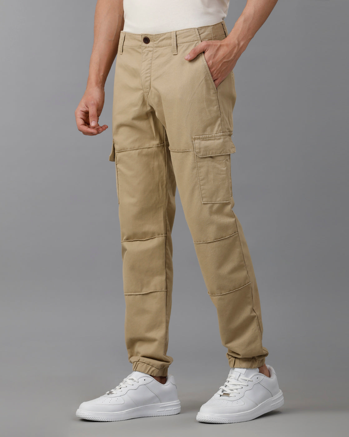 IDENTITI Men Slim Fit Cargo Jogger In Beige.