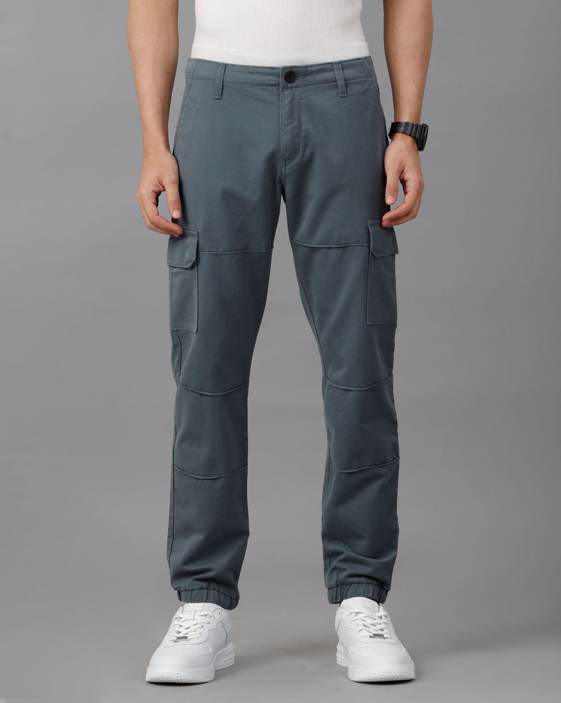 IDENTITI Men Slim Fit Cargo Jogger In Teal Green.