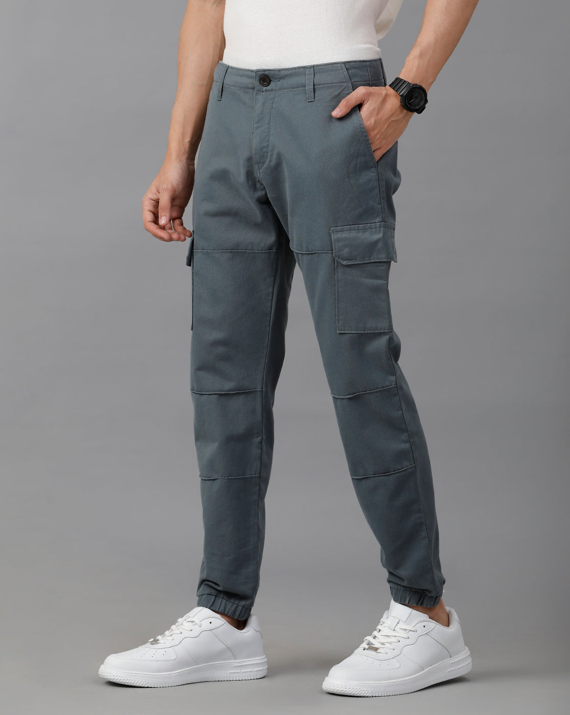 IDENTITI Men Slim Fit Cargo Jogger In Teal Green.