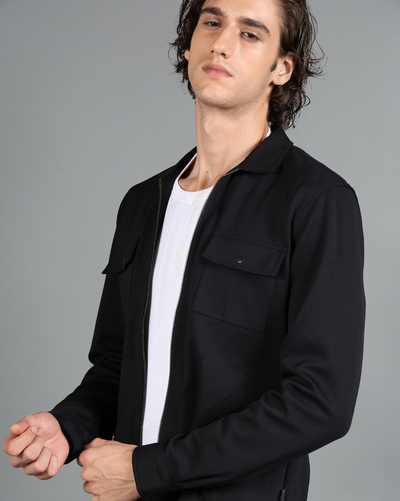 IDENTITI Men Slim Fit Regular Collar Solid knit Jacket In Black.