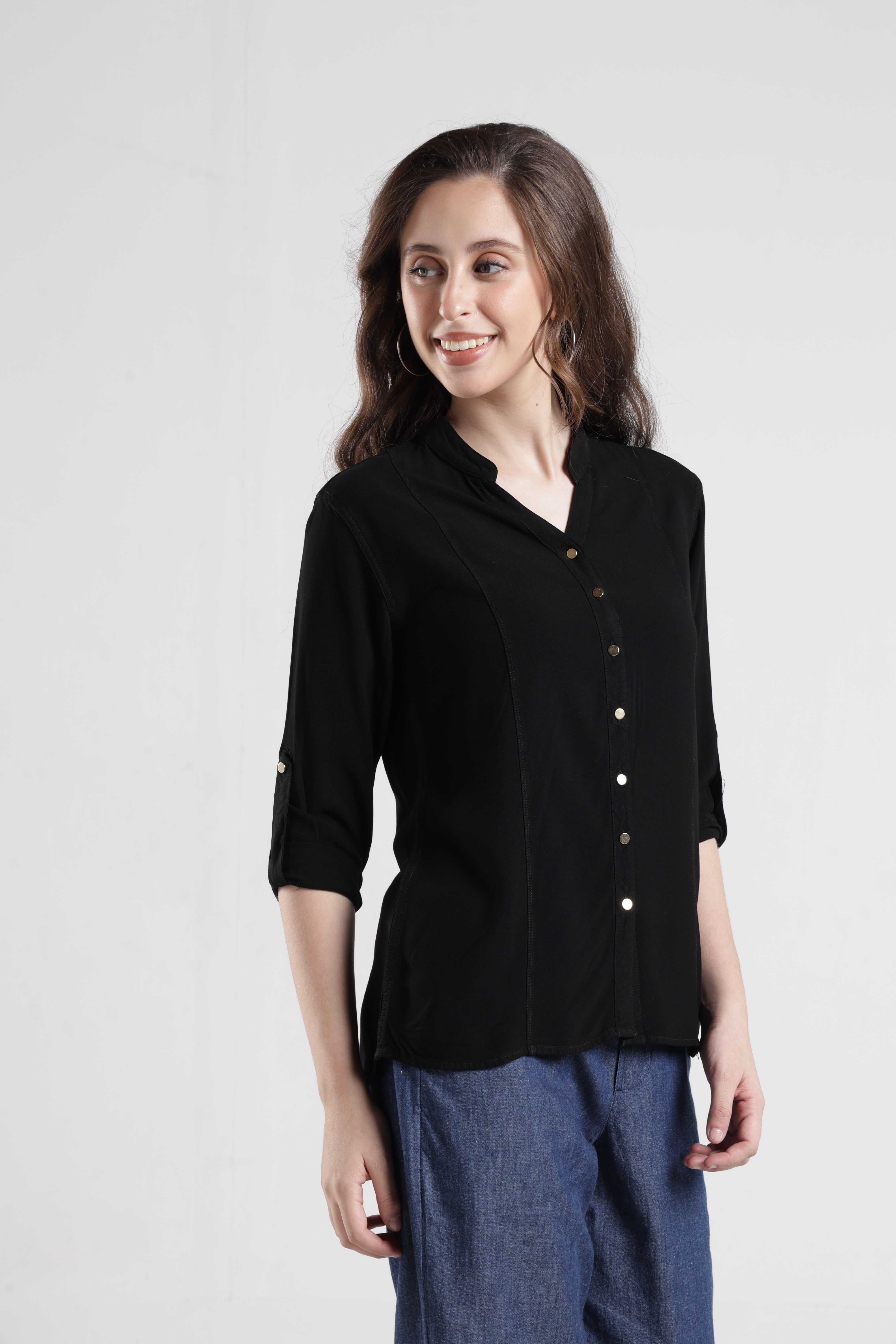 Identiti Women Indo Western Solid Shirt - Black