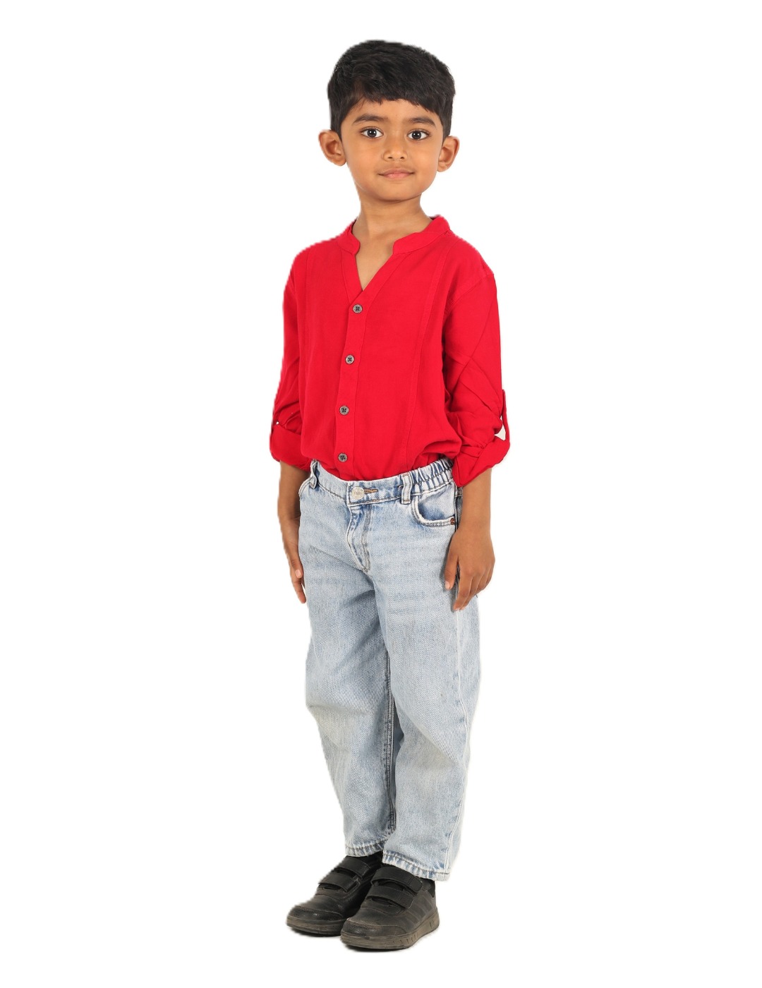 IDENTITI Boys Slim Fit Mandarin Collar Viscose Solid Shirt In Red.