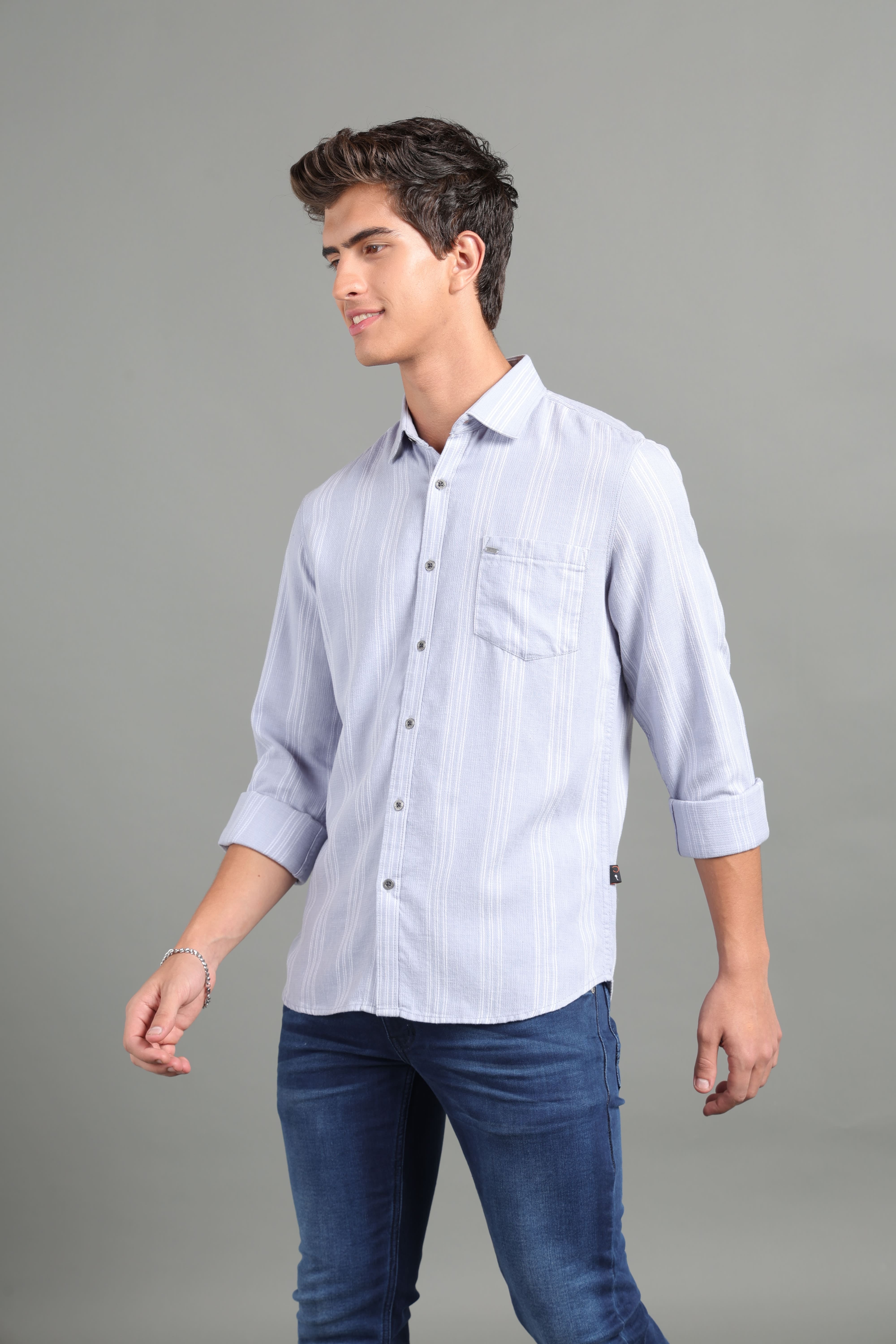 IDENTITI Men Slim Fit Regular Collar Striped Shirt In Grey.