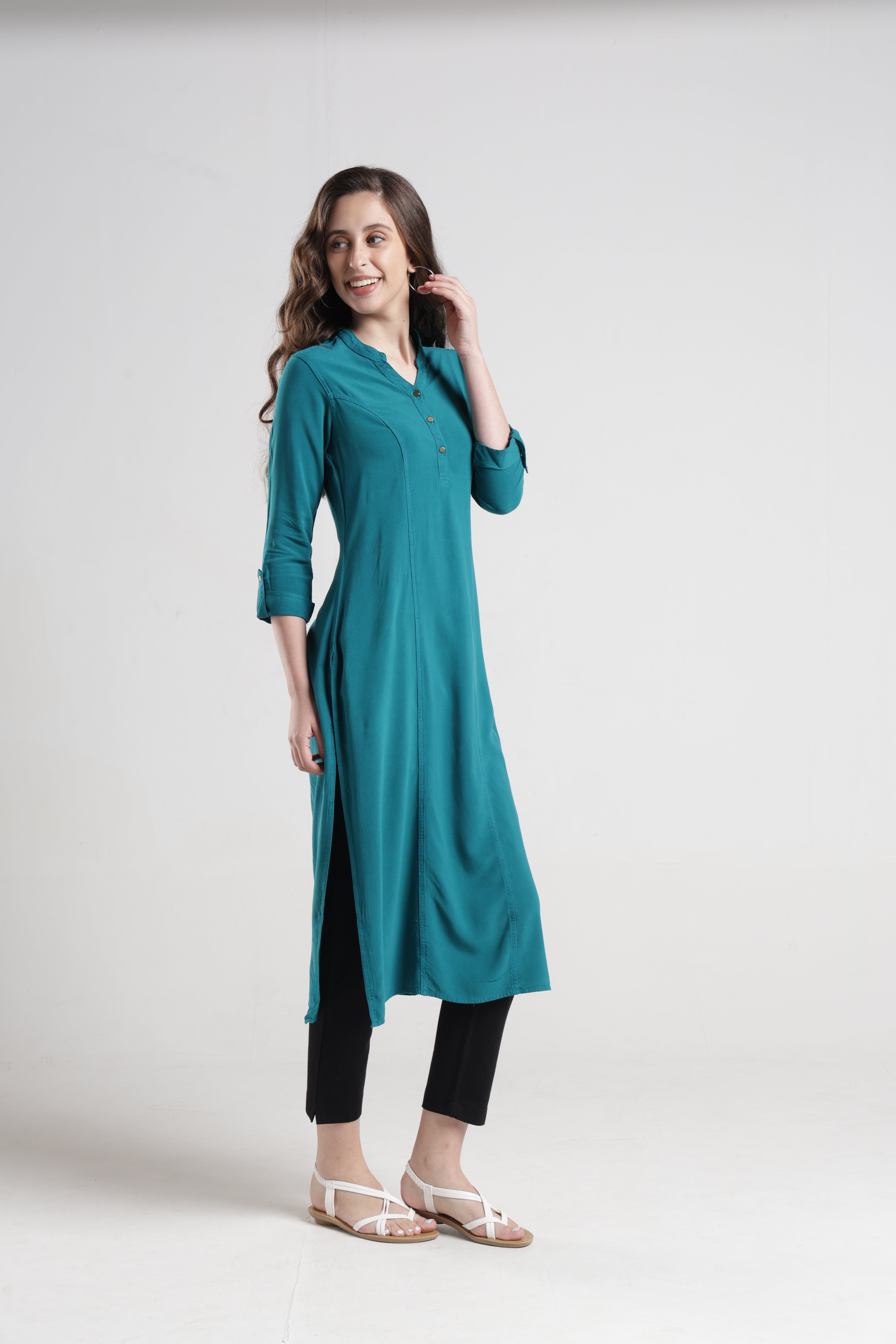 Identiti Women Indo Western Solid Tunic - Teal green