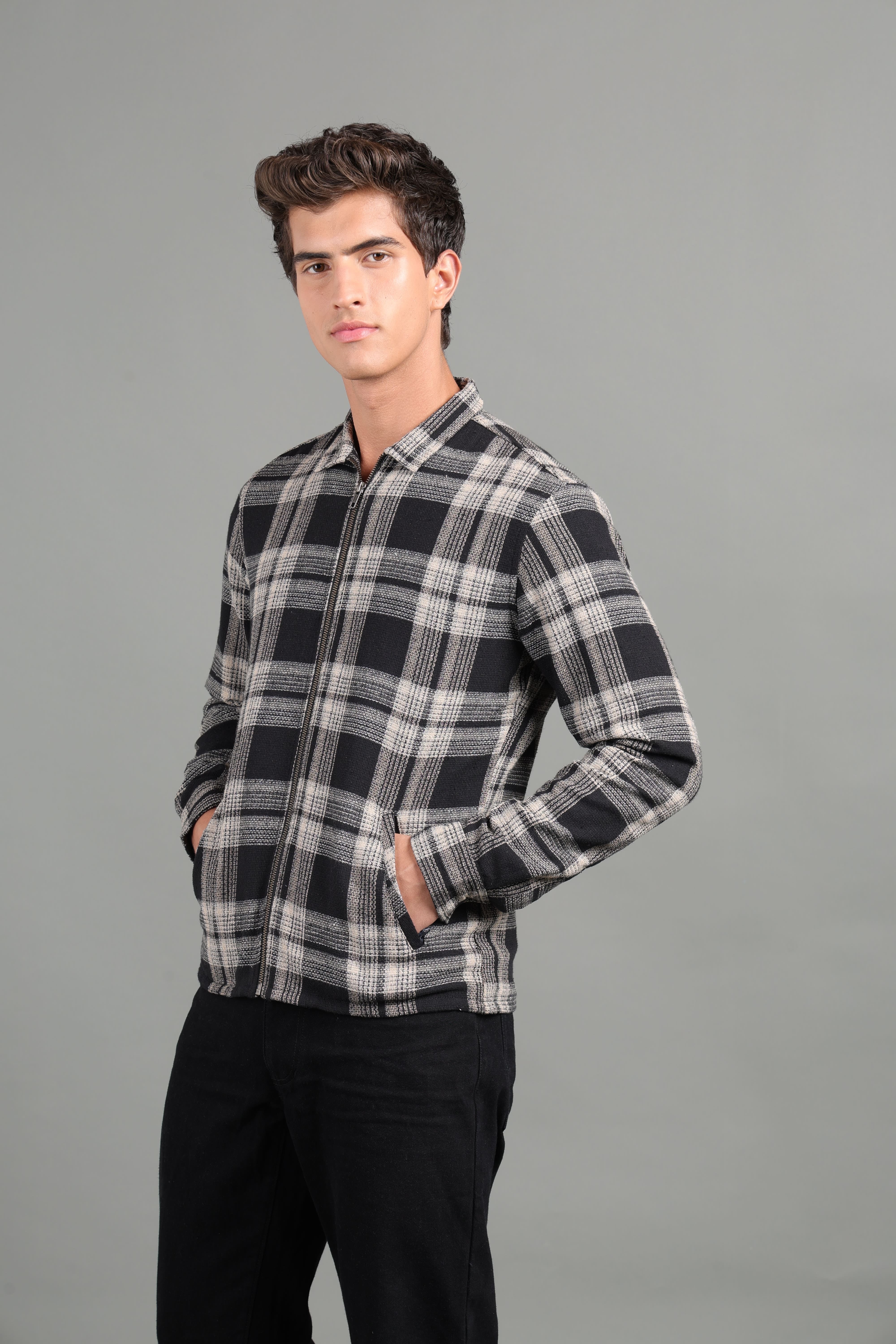 IDENTITI Men Slim Fit Regular Collar Checkes Jacket In Black.
