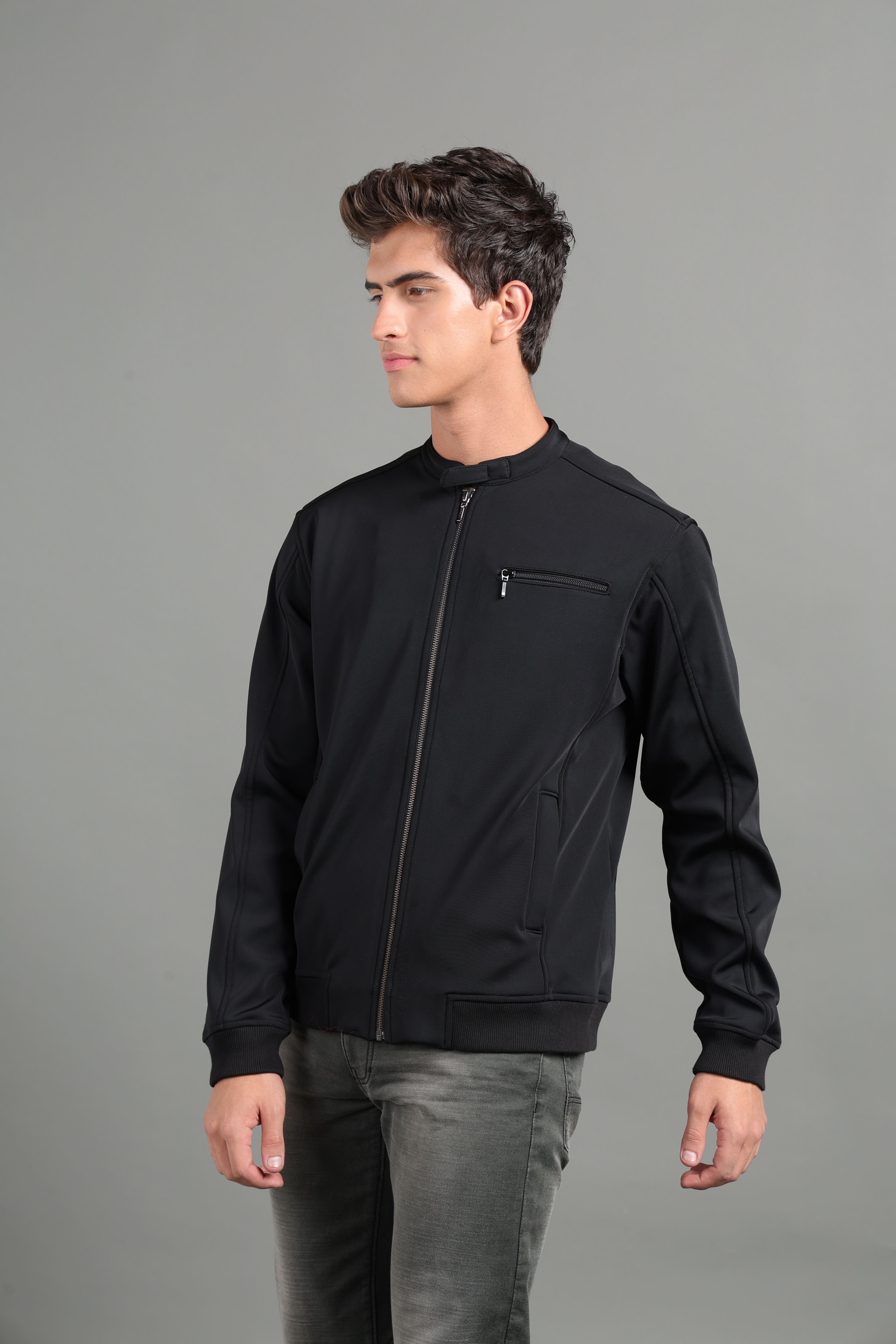 IDENTITI Men Slim Fit Mandarin Collar Solid Jacket In Black.