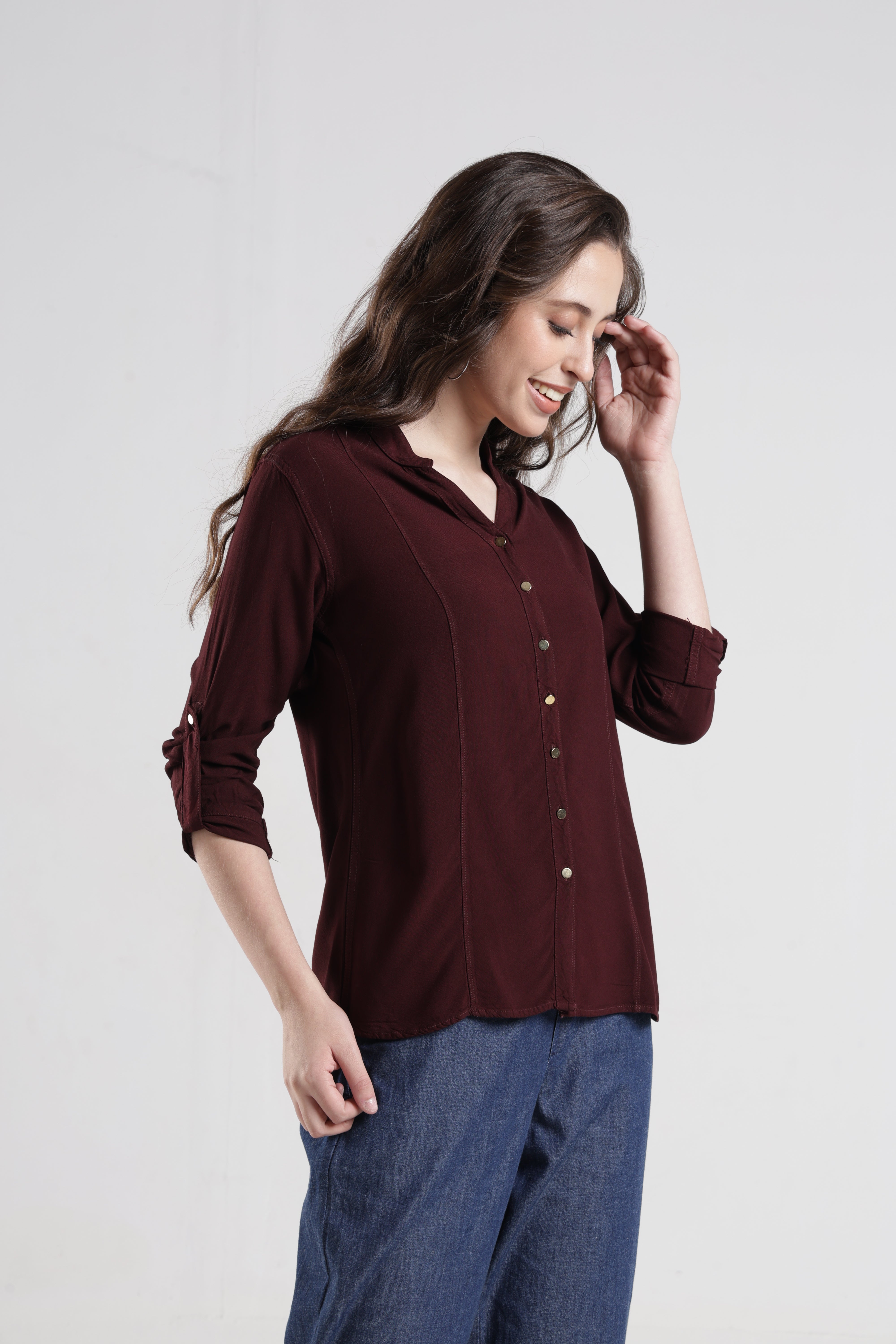 Identiti Women Indo Western Solid Shirt - Nut brown