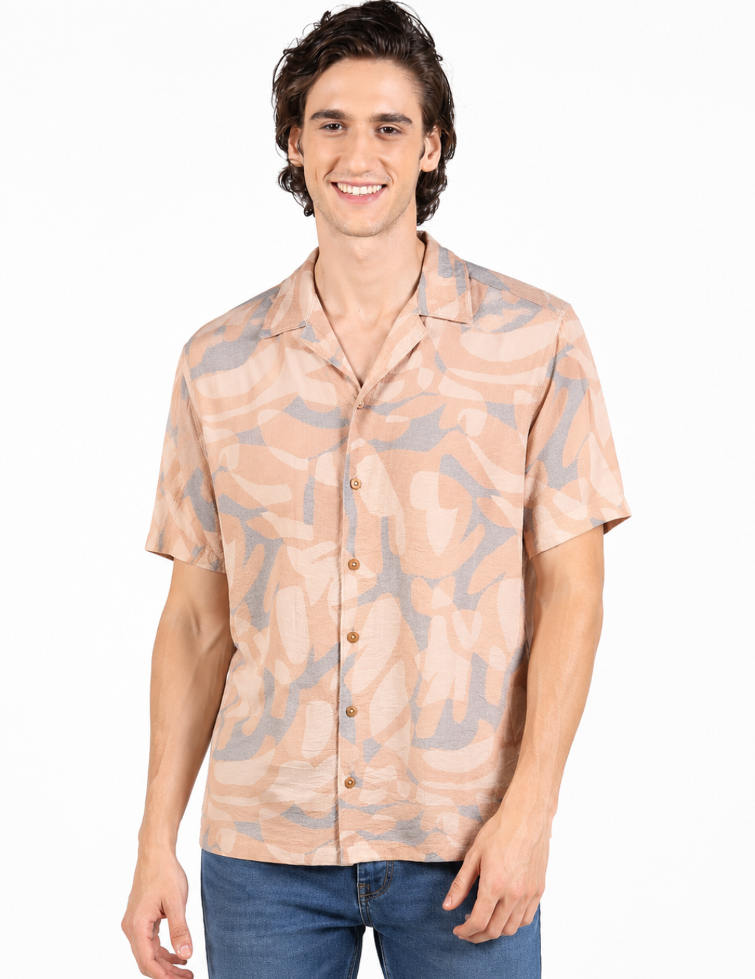 IDENTITI Men Slim Fit Cuban Collar Printed Shirt In Peach.