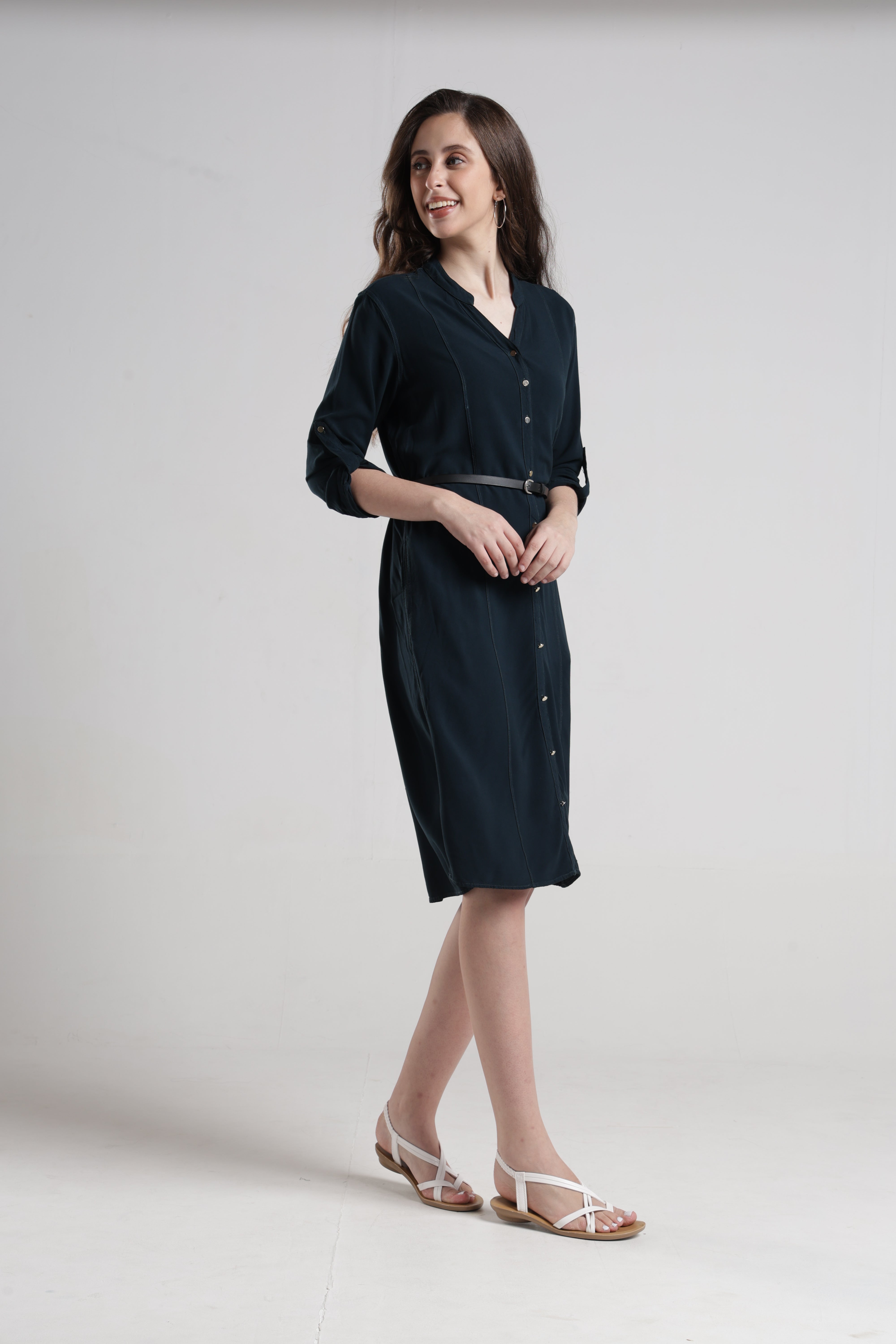 Identiti Women Indo Western Solid Dress - Jungle green