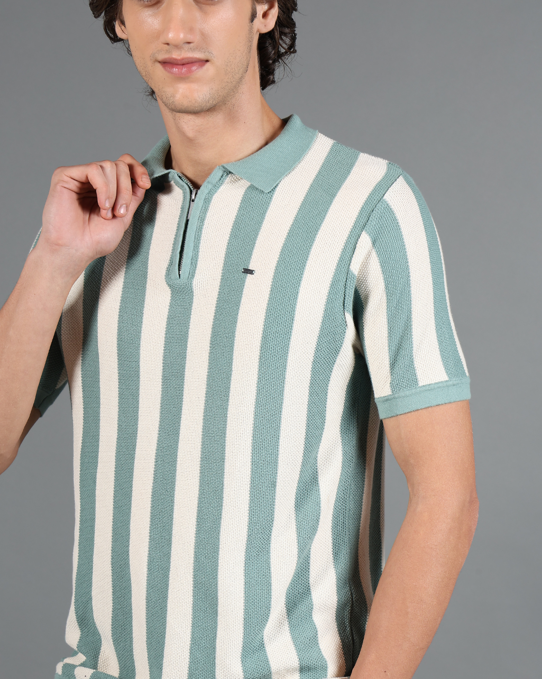 IDENTITI Mint Green Half Sleeve Striped Slim Fit Cotton Casual Polo T-Shirt For Men.