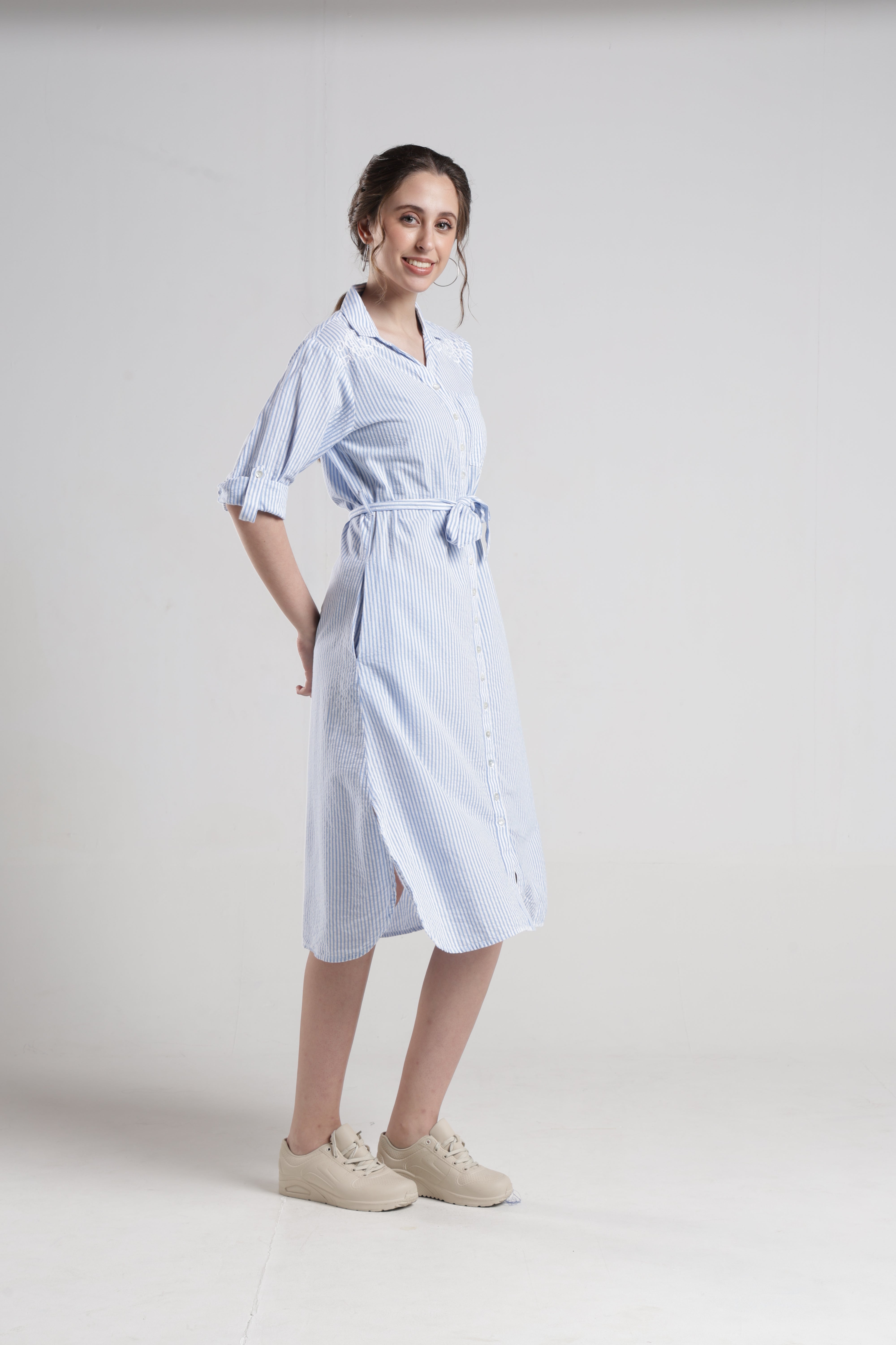 Identiti Women Casual Striped Embroidered Dress - Blue