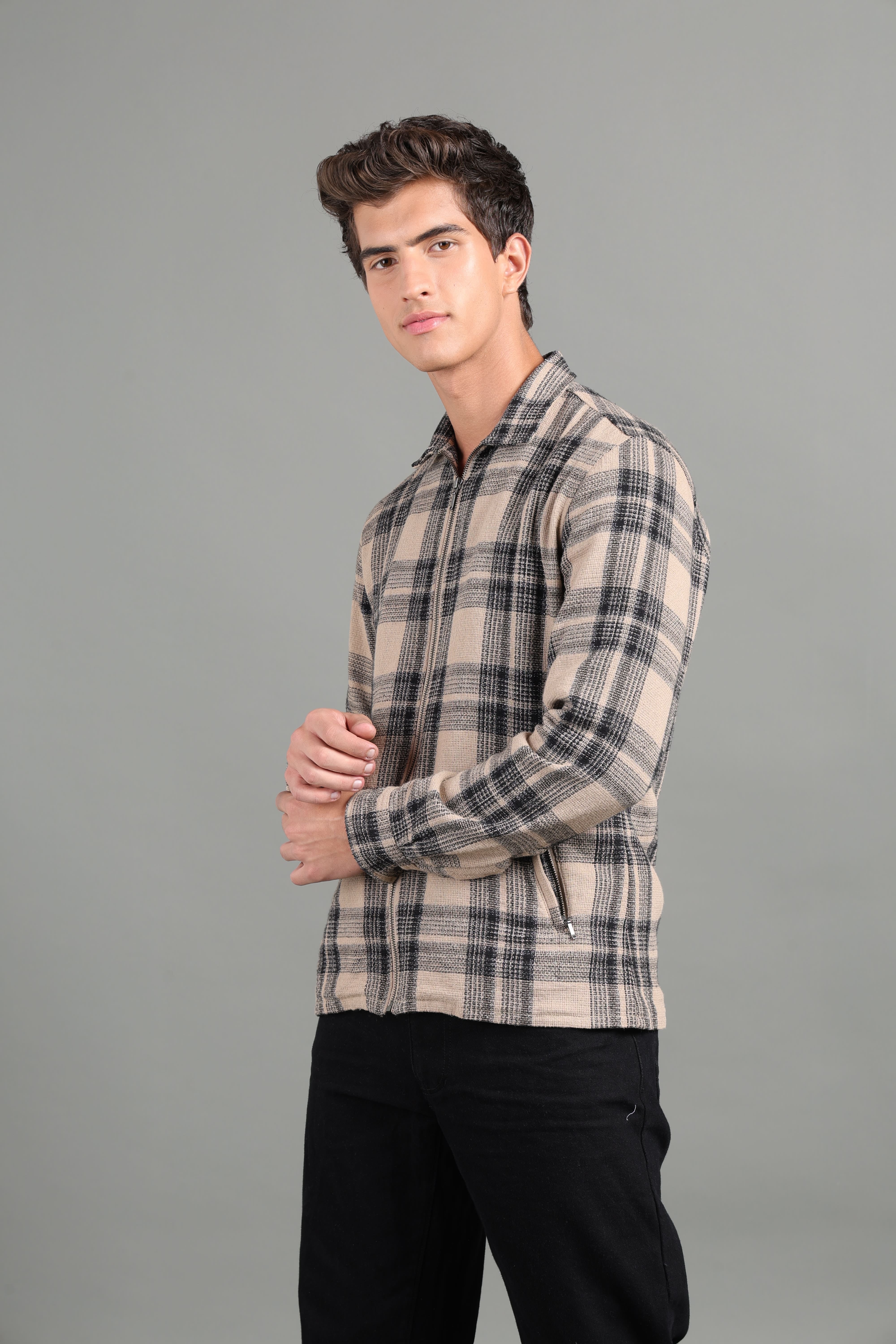 IDENTITI Men Slim Fit Regular Collar Checkes Jacket In Beige.