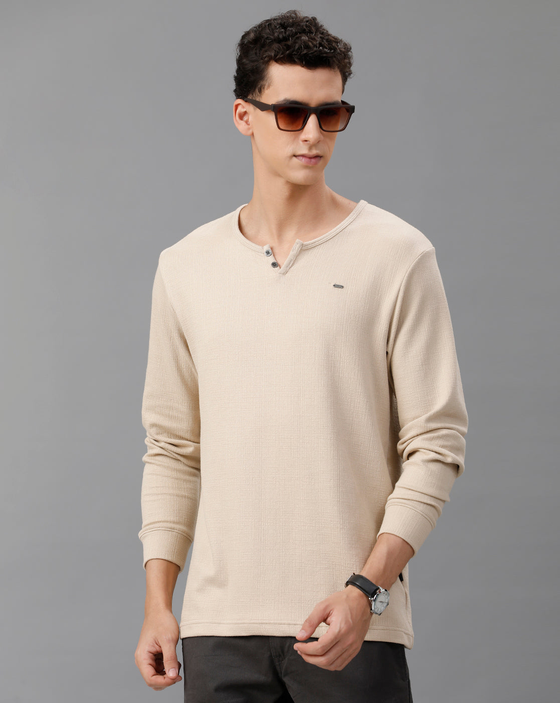 IDENTITI Men Slim Fit V-Neck Solid T-Shirt In Beige.