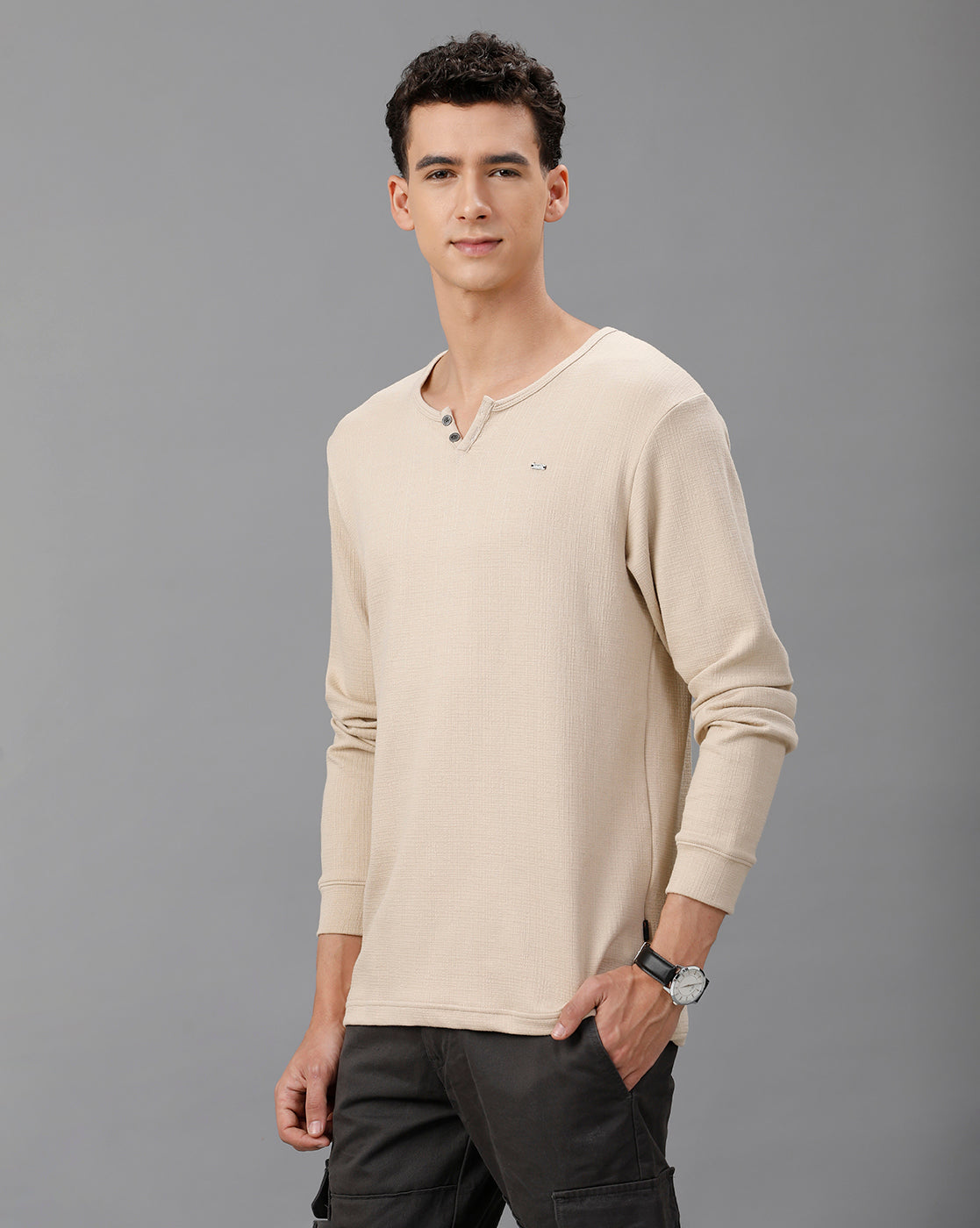 IDENTITI Men Slim Fit V-Neck Solid T-Shirt In Beige.