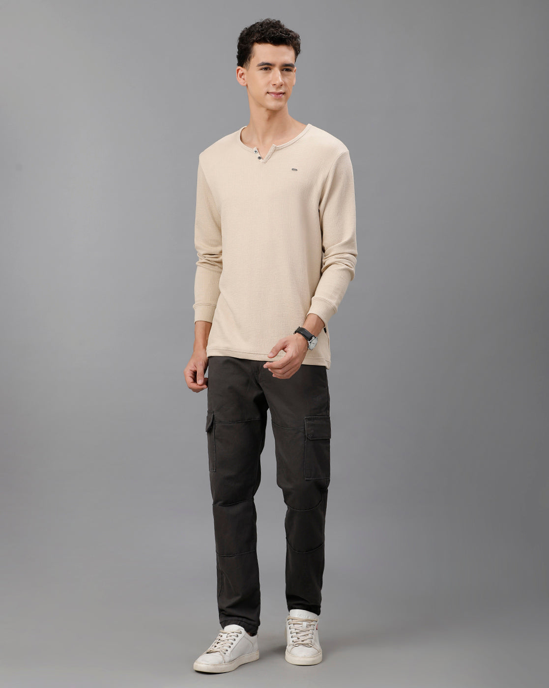 IDENTITI Men Slim Fit V-Neck Solid T-Shirt In Beige.