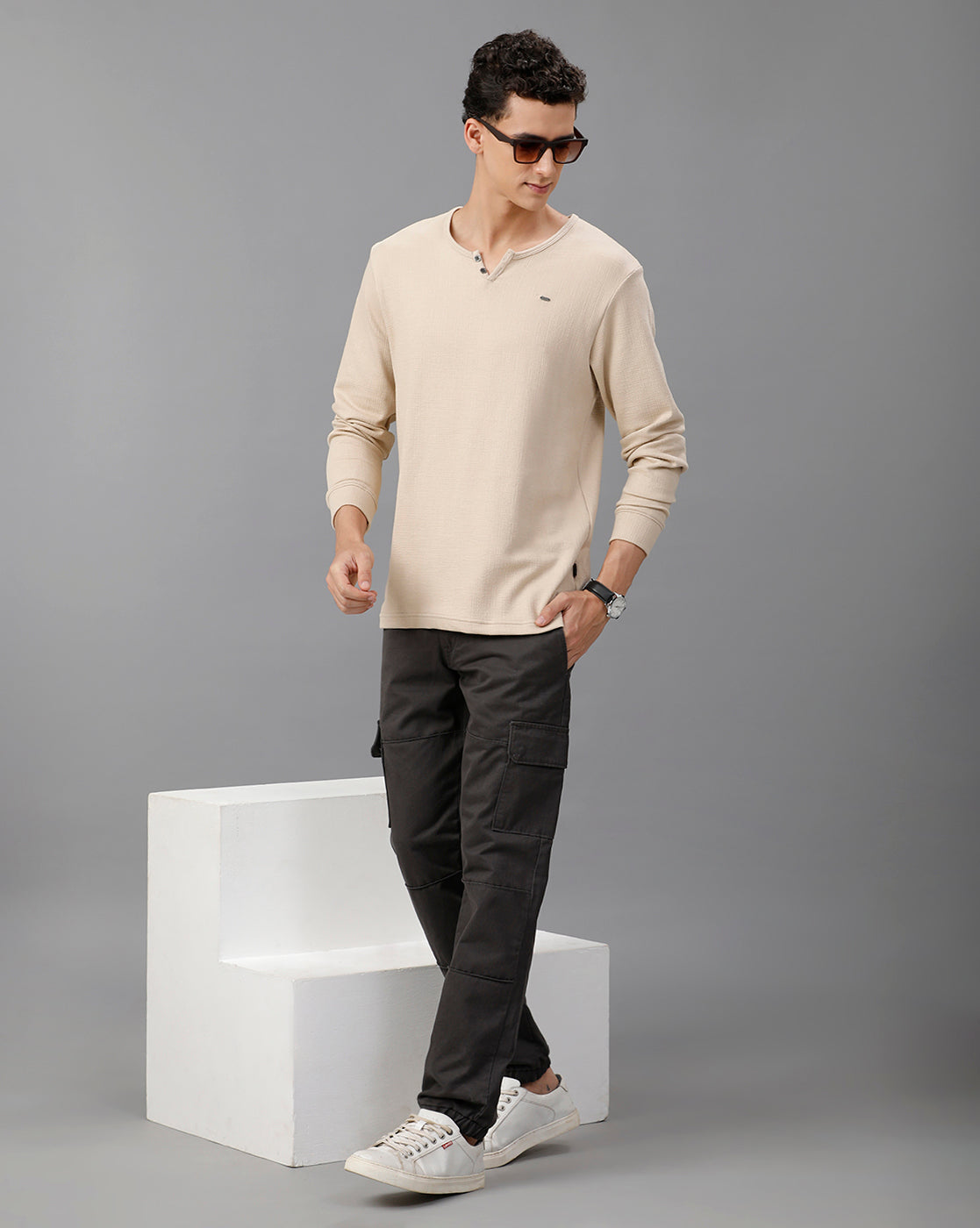 IDENTITI Men Slim Fit V-Neck Solid T-Shirt In Beige.